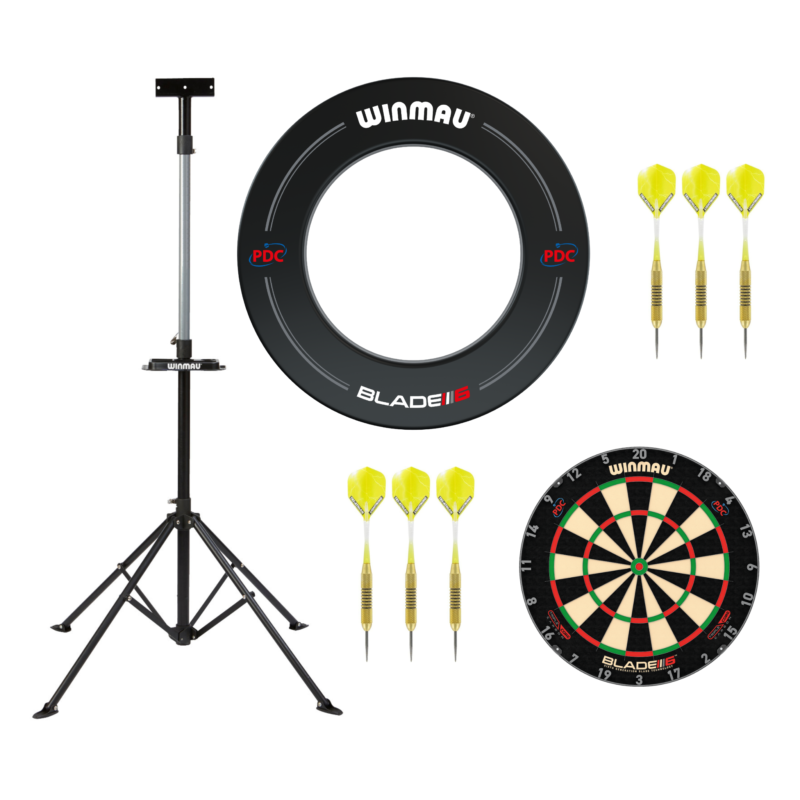 De staander combo deal bevat een staander, dartboard, pijltjes en een surround