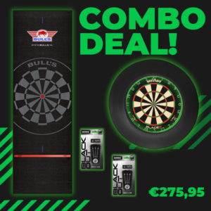 Winmau Blade 6 Dartboard + Surround Black + 2x Winmau Blackout Steeltip Dartpijlen + Bull's Dartmat 300 x 90 cm met oche