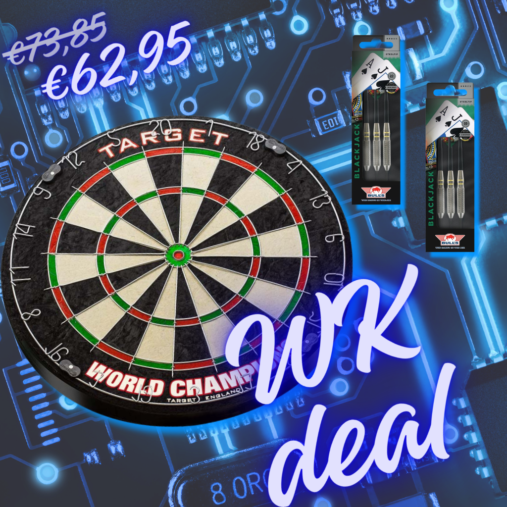 Target Champion dartboard + 2x Bull’s Black Jack Steeltip Brasspijlen